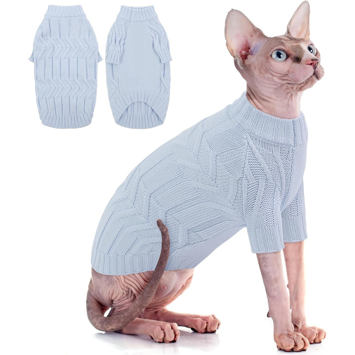 Пуловер для котів без шерсті Citétoile, теплий зимовий пуловер для котів та маленьких собак (XL, блакитний)