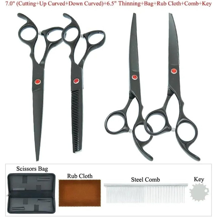 Професійний набір ножиць для грумінгу собак та котів 5 в 1: прямі, вигнуті, розріджуючі ножиці та гребінець для догляду за шерстю