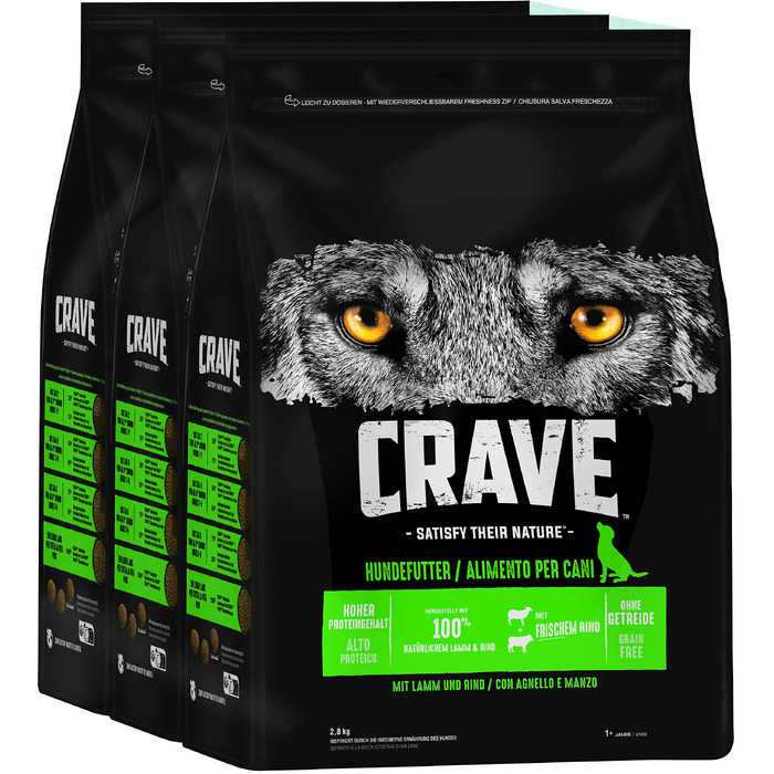 Беззерновий сухий корм для дорослих собак CRAVE з ягнятиною та яловичиною, преміум-клас, високий вміст протеїну, 11,5 кг (набір 3х2.8 кг)