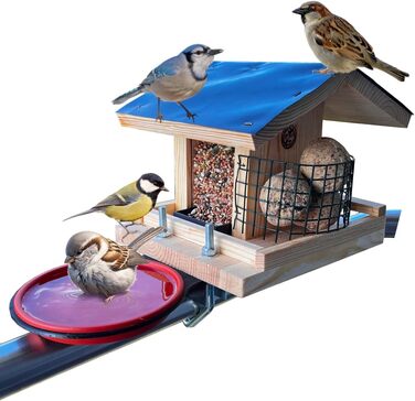 Годівниця для птахів на балкон Vogelfutterhaus, дерев'яна, ручна робота, з кріпленням 30–60 мм, для садових і диких птахів, натуральна, водостійка