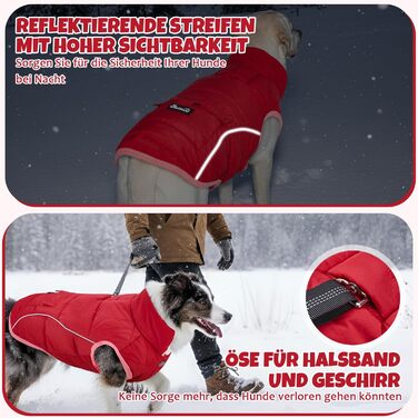 Зимовий одяг для собак Nasjac: тепла куртка зі снігозахистом, флісовою підкладкою, світловідбиваючими смугами та кишенями. Водовідштовхуюча жилетка для собак малих та середніх порід, червона, розмір L