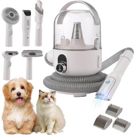 Пилосос для догляду за тваринами, набір для грумінгу, вакуумний насадка, видалення 99% шерсті, пилосос для собак, догляд за тваринами, вакуум для собак та котів, набір 5-в-1, видалення шерсті собак (білий/сірий)