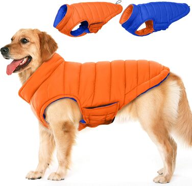 Зимовий теплий водонепроникний одяг для собак великих порід Lelepet, вітрозахисна куртка з клямками, оранжевий/синій, 3XL