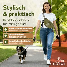 Сумка для ласощів для собак fell&bell - водонепроникна, з 2 відділеннями для снеків, 1,8 л основного відділення, кишеня для телефону та диспенсер для відходів | Сумка для годування собак, тренувань та цуценят (Оливковий)