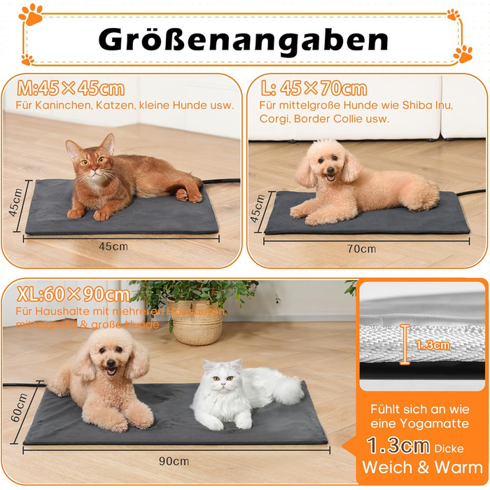 Килимок гріючий для тварин 45x45 см – підігрівальний килимок для собак та котів, 30–60°C, таймер 14 год, захист від перегріву, міцний кабель 1,8 м, 2 знімні чохли, регулювання температури