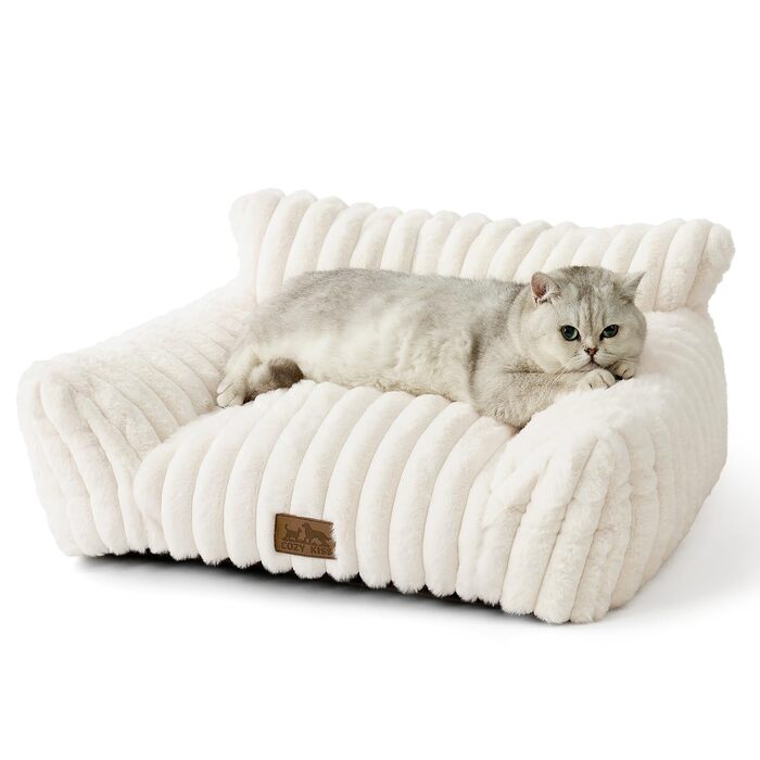Ліжко для котів та собак COZY KISS ортопедичне велике 65x44x30 см, з штучного хутра, кремове. Диван для котів, м'яке лежак з підголівником