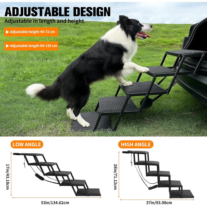 Рампа для собак у машину - 5 сходинок, регульована висота 44-72 см, неслизька поверхня, міцна конструкція з підпоркою для авто, SUV, вантажівки
