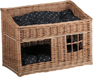 Кішка Будиночок з ротангу прямокутний, двоярусний, з подушкою та вікном (натуральний, чорний)