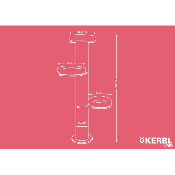 Дерев'яний котячий комплекс Kerbl Dolomit Tower 187 см, 3 лежаки, 3 сизалеві стовпи, бежевий, настінний, до 10 кг