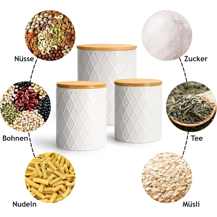 Набір з 3 вазок для зберігання Miamio Palmanova, кераміка з дерев'яним кришкою, білий колір