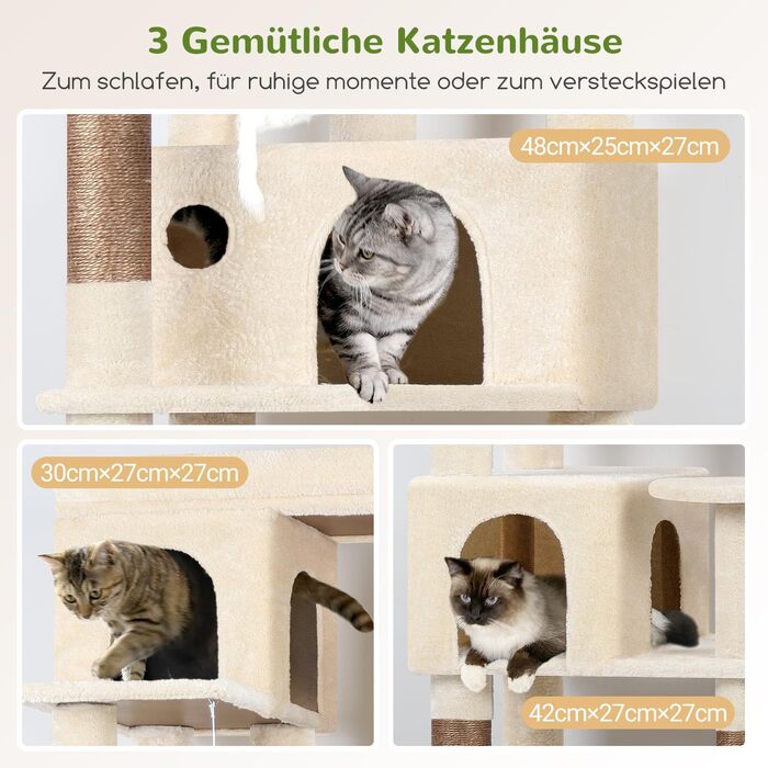 Дерев'яний комплекс для котів Globlazer з 3 будиночками, 5 сизалевими стовпчиками, платформою та іграшками, 168 см, бежевий