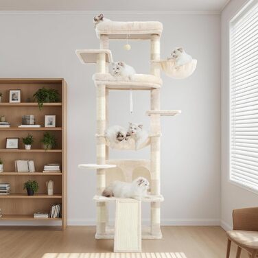 Драбина-кіготь Heybly HCT038W (Бежева) 202 см з 2 великими лежаками, когтеточкою, гротом, кошиком, сизалевим стовпом та гамаком. Підходить для дорослих котів