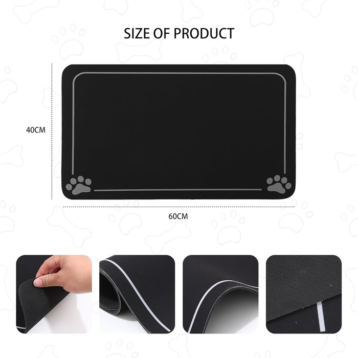 Німецька килимок під миску для собак та котів, чорний, 40x60 см, неслизький, швидковисихаючий, легко миється