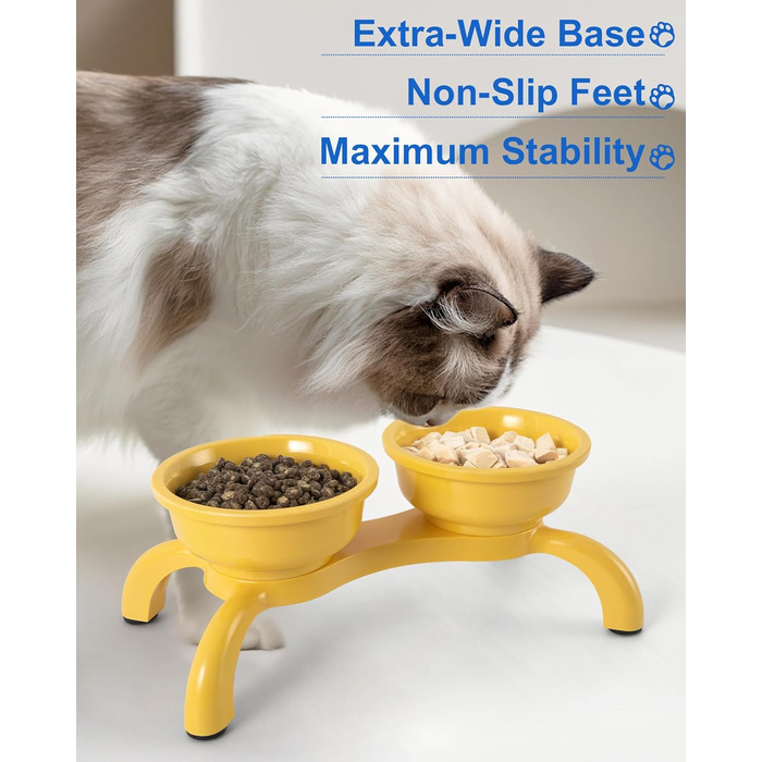 Набір мисок для котів з підняттям 2 шт. - Незламні миски для котів, автоматичне годування з меламіну, миється в посудомийній машині, широка основа з протиковзкими ніжками, миски, зручні для вусів, жовті Double