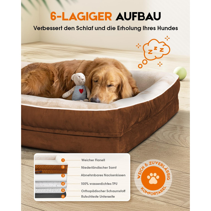 Ортопедичне ліжко для собак великих порід, корзина для собак, що можна прати, з піною у формі яйця, водовідштовхуване ліжко для собак з неслизьким дном та чотиристоронні подушки (колір: коричневий, розмір: 91x61x18 см)