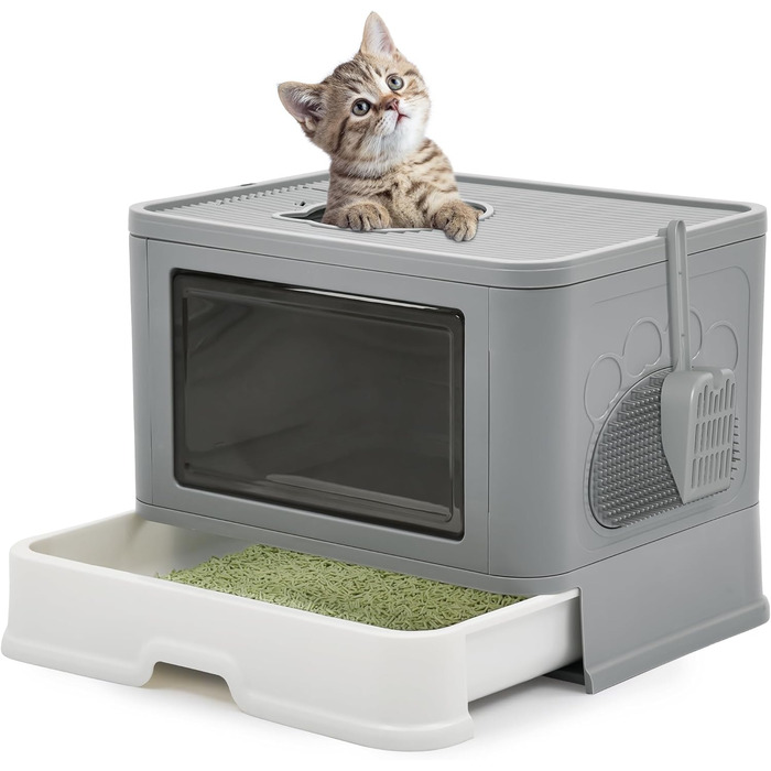 YITAHOME туалет для котів з кришкою, великий лоток для котів Hop In, без запаху, з совком для наповнювача, легке очищення, сірий