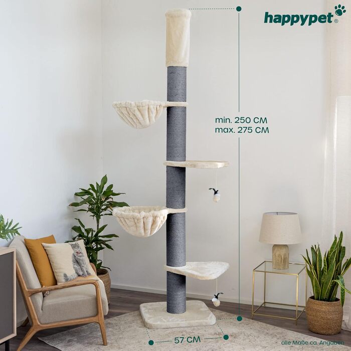 Кігтеточка HAPPYPET 'Леонардо' XXL для великих котів, 250-275 см, товсті стійкі стовпи, великі лежанки до 20 кг, гніздо, сертифіковане дерево, кігтеточка для Мейн-кунів та Регдоллів, сірий/кремовий колір