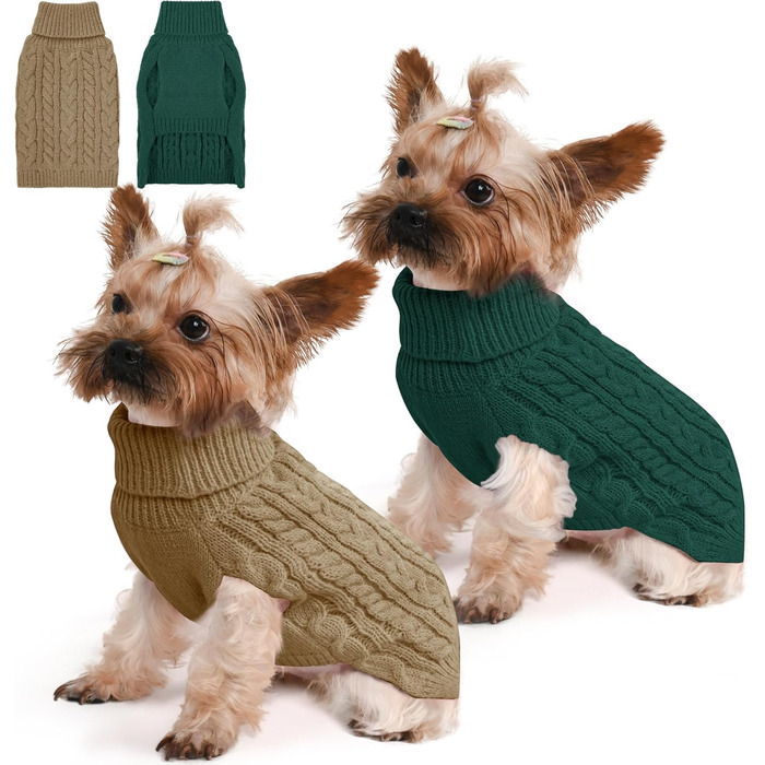 Пуловер для собак маленьких порід, зимовий, з високим коміром, в'язаний, фліс, стрейч, для цуценят, дівчаток та хлопчиків, одяг для домашніх тварин (S, Рожевий та (Зелений та Коричневий, Small)