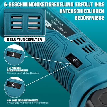 Професійна акумуляторна машинка для стрижки коней 500W | 2 батареї 2500mAh | 6 швидкостей | 2400 обертів/хв | Сумісна з Makita 18V