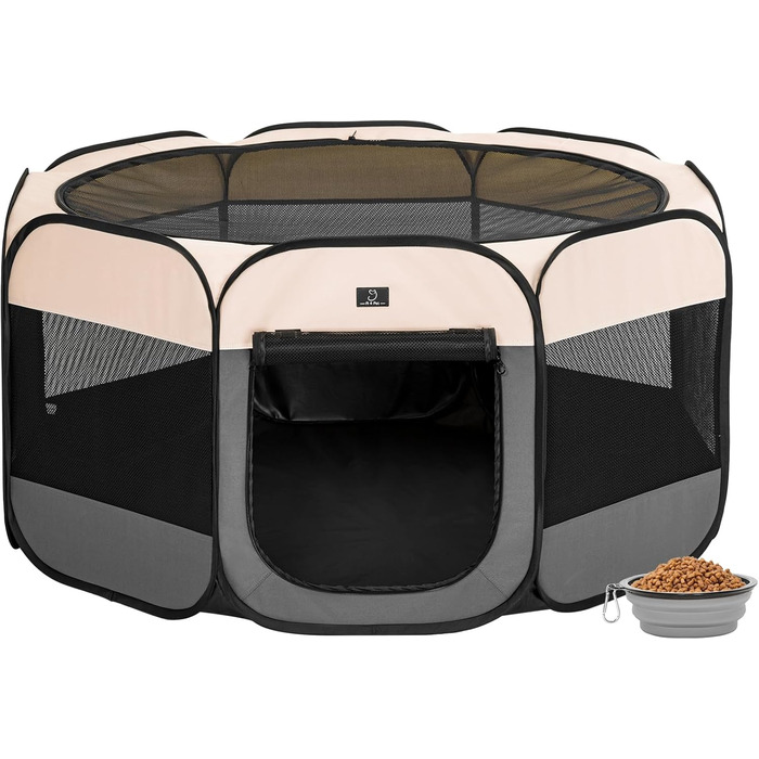Клітка-вольєр для собак великих порід A 4 Pet, портативна, з водонепроникним дном та змійкою, для дому та вулиці, з мискою, темно-сіра та рожева (L з мискою, темно-сіра та бежева)