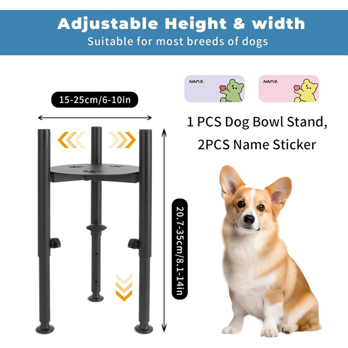 Підвищена годівниця для собак з платформою, регульована висота 6-10 дюймів, з наклейкою для імені, для домашніх тварин