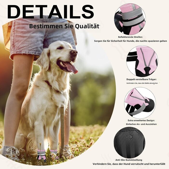 Водонепроникні собачі чоботи з антиковзкою підошвою, 4 шт. – захист лап для собак маленьких, середніх та великих порід (Рожеві, XL)