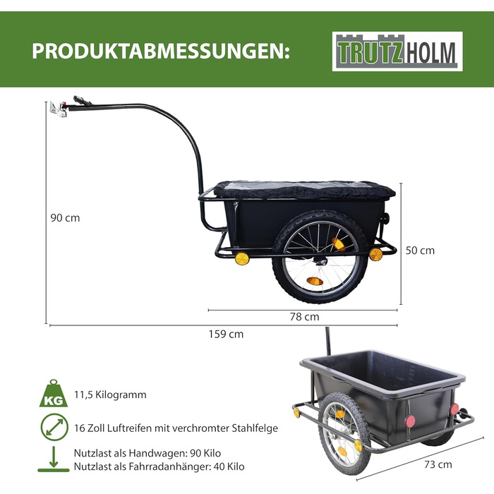 Причіп-вагон TRUTZHOLM 90 літрів для велосипеда: вантажний, з дахом та знімною ванною, чорний