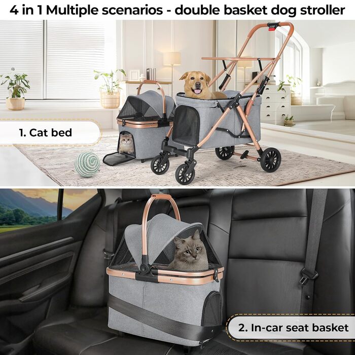 MAMIZO Подвійний візок для собак, переноска для тварин до 15 кг, складний двоярусний візок для собак, котячий візок на 2 яруси з 4 зносостійкими колесами PU, переносна сумка для собак (Сірий)