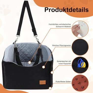 Автокрісло для собак середніх порід до 22,7 кг, автосидіння для собак, крісло-ліжко для подорожей з ременем безпеки, товстим матрацом, неслизьким дном, з можливістю прання та перенесення (Чорний) (55x30x30 см, 52x52x40 см)