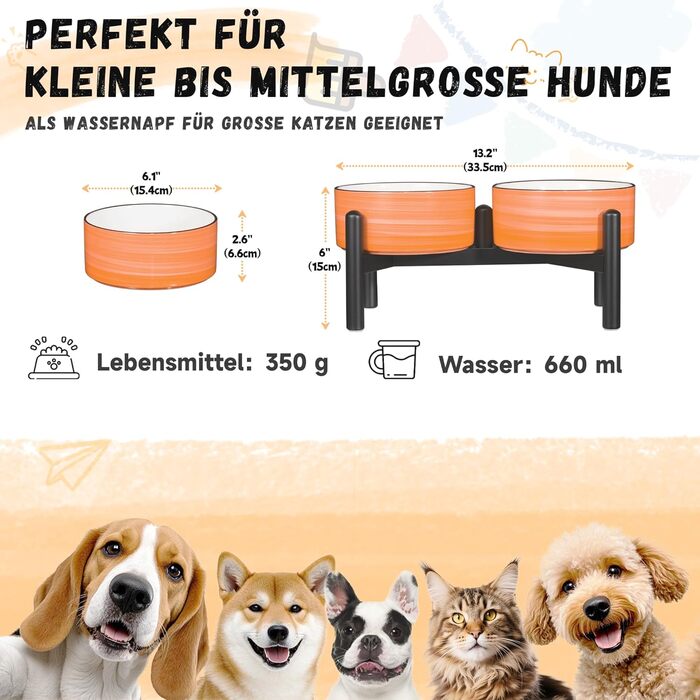 Керамічна годівниця для собак на підставці з нержавіючої сталі - подвійна годівниця для маленьких та середніх собак - неслизький набір мисок для корму та води - 350г / 660мл - 15см - (Помаранчевий)