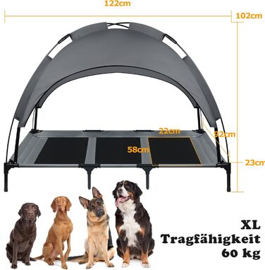 Підвищене собаче ліжко з дахом, сонцезахист, ліжко для домашніх тварин з балдахіном, лежанка для собак на вулицю, собаче диван, антиковзні підкладки, водонепроникний дах та дихаюча сітка, розмір L 92x76x92 см (XL - 122x92x102 см)