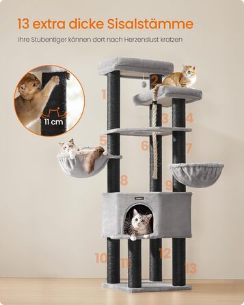Кігтеточка Feandrea для котів, велика, багатоярусна, XXL, 55 x 55 x 186,7 см, товщина сизалю 11 см, для великих порід котів (Мейн-кун), сіро-чорна, артикул PCT008G02