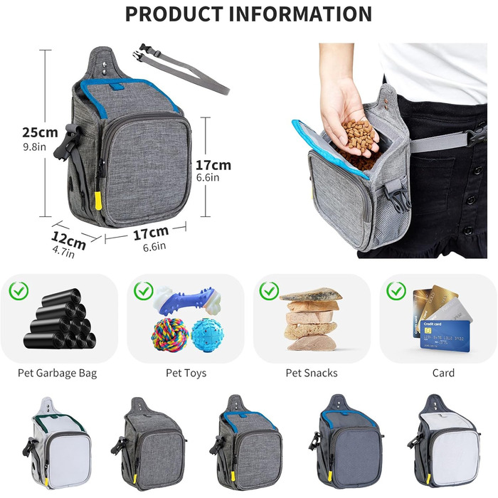 PETCUTE: Сумка для дресирування собак, зручна та міцна, з дозатором для відходів, сіра+блакитна