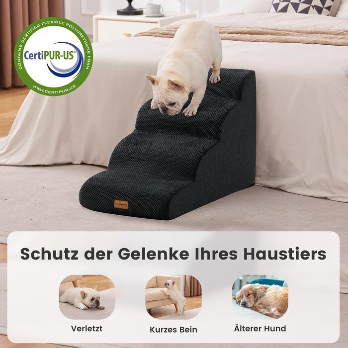 Сходи для собак та котів Gardner Pet на 4 сходинки, висота 47 см, протиковзкі портативні сходи з пінопласту для дивана та ліжка, чорні (змивний чохол)