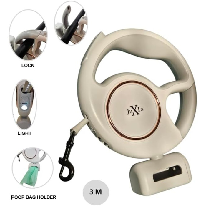 Леєнка для собак з LED-підсвіткою, 3м, тримач для відходів, відбивачі, білий/рожеве золото, для собак до 10кг