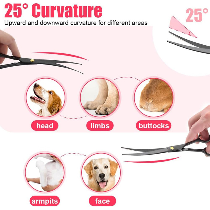 Набір ножиць для собак 7 дюймів, професійний 5-в-1 з нержавіючої сталі, включаючи ножиці для фінальної обробки, вигнуті та прямі ножиці, гребінець для грумінгу, серветка для чищення, кейс для зберігання, регулювальний гвинт, для собак та котів, чорний