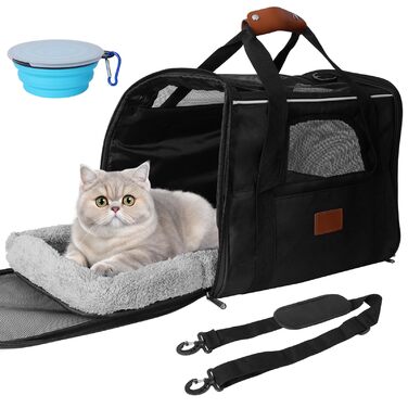 Транспортна сумка для кота, переноска для кота, складана переноска для кота в літаку, переноска для тварин з мискою та флісовим килимком, переноска для котів та маленьких собак до 10 кг (Чорна)