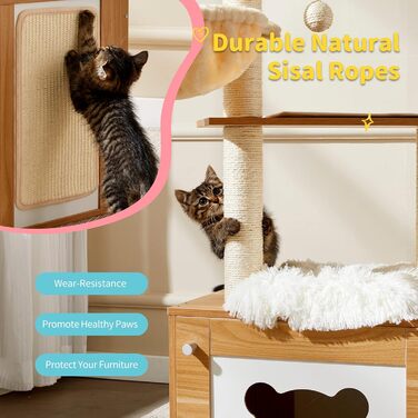 Made4Pets Котячий комплекс з туалетом, 2-в-1 сучасний котячий будиночок для кімнатних котів, 123,4 см, дерев'яний кондо з дряпаком, гамаком і знімною килимкою для великих котів