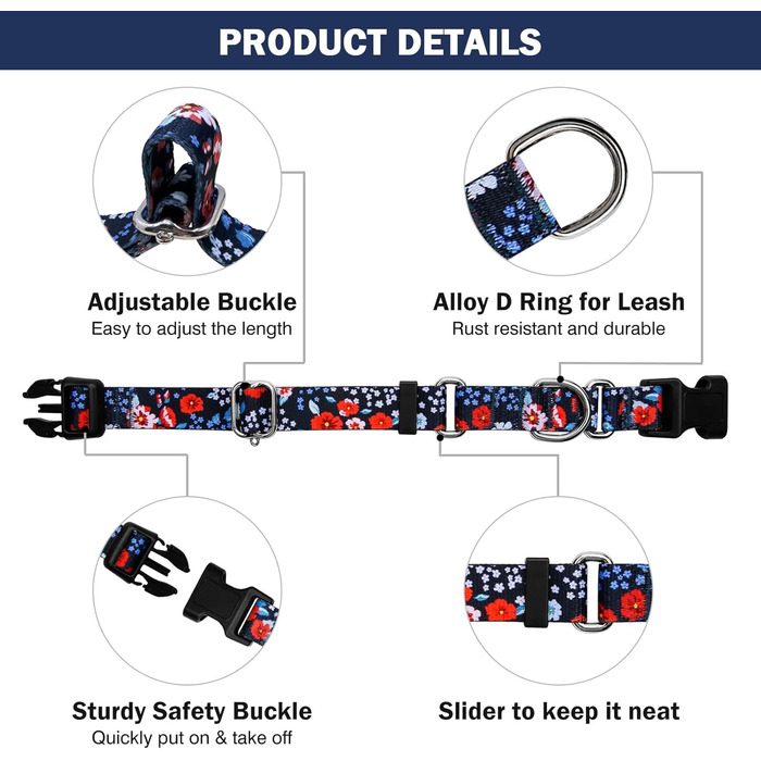 Нашийник для собак Hikiko Martingale, класичний, міцний, надійний, для малих, середніх та великих собак, розмір L (Plum Blossom, Medium)