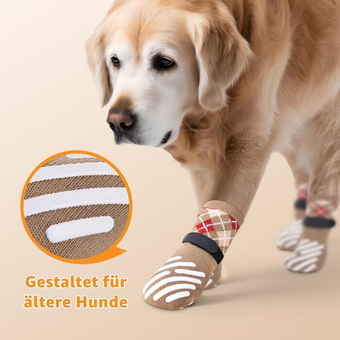 Шкарпетки для собак PICK FOR LIFE 4 шт. Захист лап, антиковзаючі, з клямками для твердих дерев'яних підлог, для маленьких, середніх та великих собак XL, коричневі