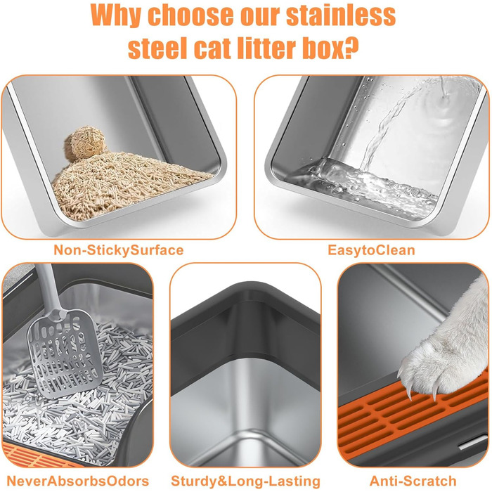 Кігтеточка-лоток для котів Euakee з нержавіючої сталі з кришкою, XL, великий, для великих котів, з високими бортиками, з лопаткою та педалем, антипригарне покриття, захист від протікання, легко чистити