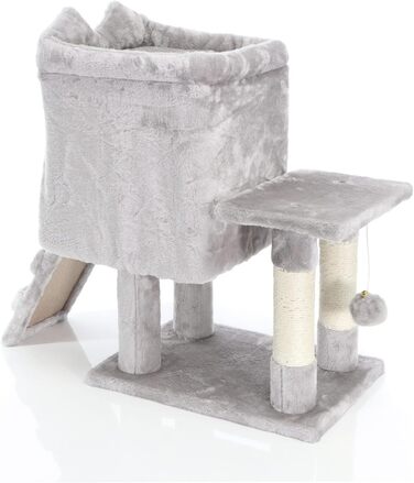 Дряпка для котів Fudajo 60 см з будиночком, платформами та ігровими елементами, покриття сизаль, сірий колір