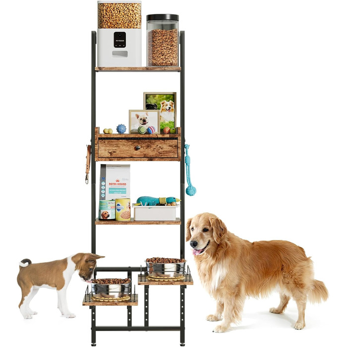 Підвищена годівниця для собак LitaiL з місцем для зберігання та двома антиковзними килимками, для великих собак, регульована висота, кріплення на стіну, колір вінтажний коричневий