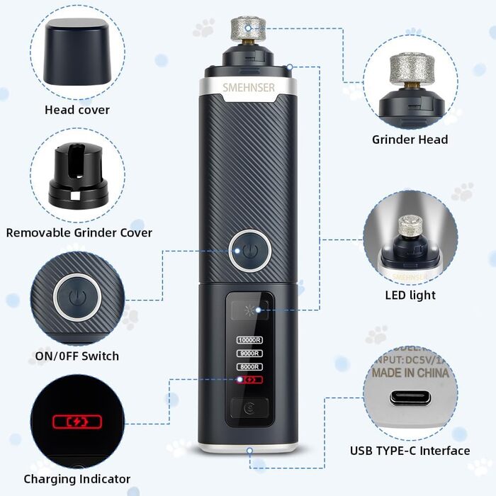 Електричний точило для собачих кігтів 2 шт. Точило для котячих кігтів 3 швидкості. LED дисплей, тиха робота.