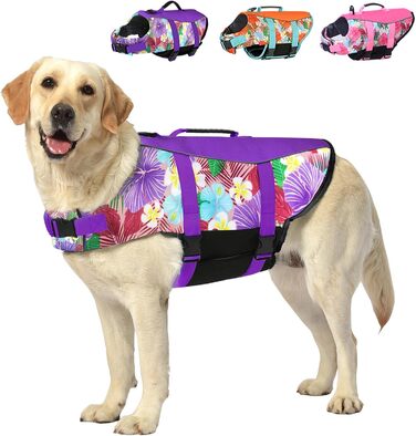 Спасальний жилет для собак Hawaiian Sports Style, жилет для плавання з ручкою, для човнів, для цуценят, великих, середніх та малих собак (Large, квіти + фіолетовий)