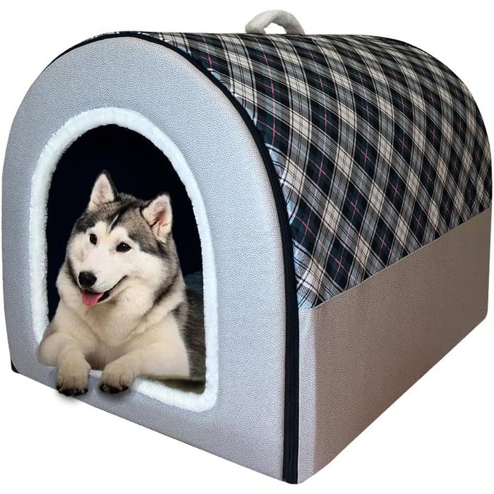 Крісло-лежанка для собак великих порід (2XL) з м'якою підстилкою, водонепроникним будиночком та антиковзною основою, в клітинку сірого кольору