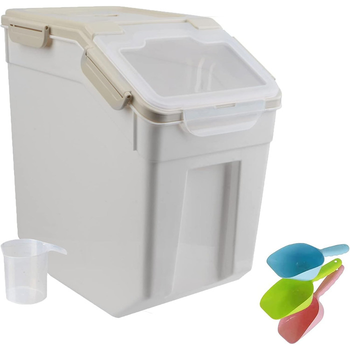 Контейнери для зберігання їжі з кришкою та колесами, 10 кг, великі, герметичні, для корму для собак та котів, борошна, мюслі, горіхів, бобів, з мірним стаканчиком та лопаткою, блакитні, 2 шт.