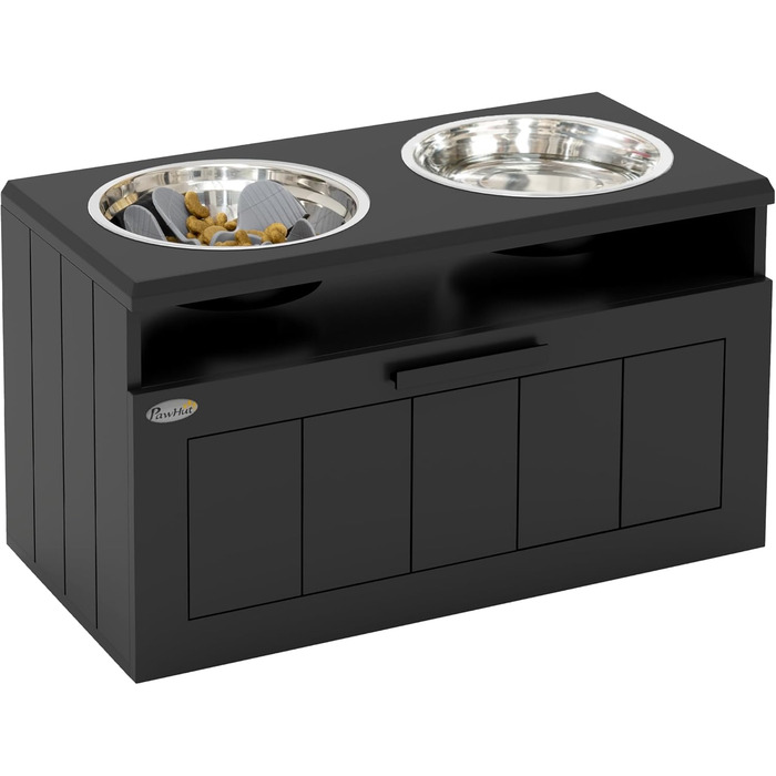 Станція годування для собак PawHut з піднятою мискою, повільною годівницею та 2 мисками з нержавіючої сталі, ящик для зберігання 25л, для великих та екстра-великих собак, білий (чорний)
