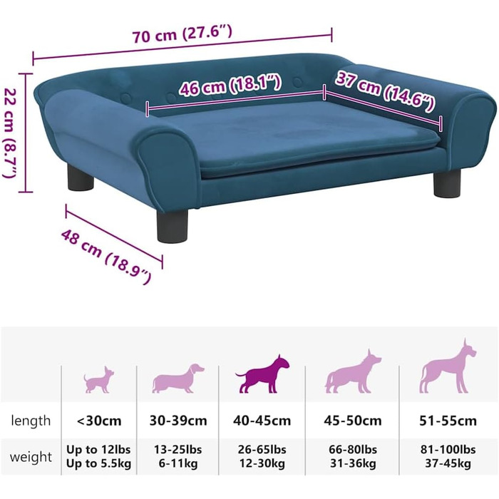 Крісло-ліжко для собак, м'яке ліжко для тварин, лежанка для маленьких собак та котів, блакитний колір, 70 x 48 x 22 см, з велюру