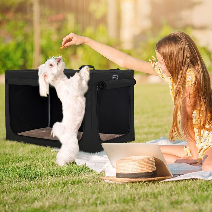 Складана транспортна будка для великих собак Petsfit, чорна, з міцними сітчастими вікнами та плюшевим матрацом, регульований дизайн для дому та подорожей